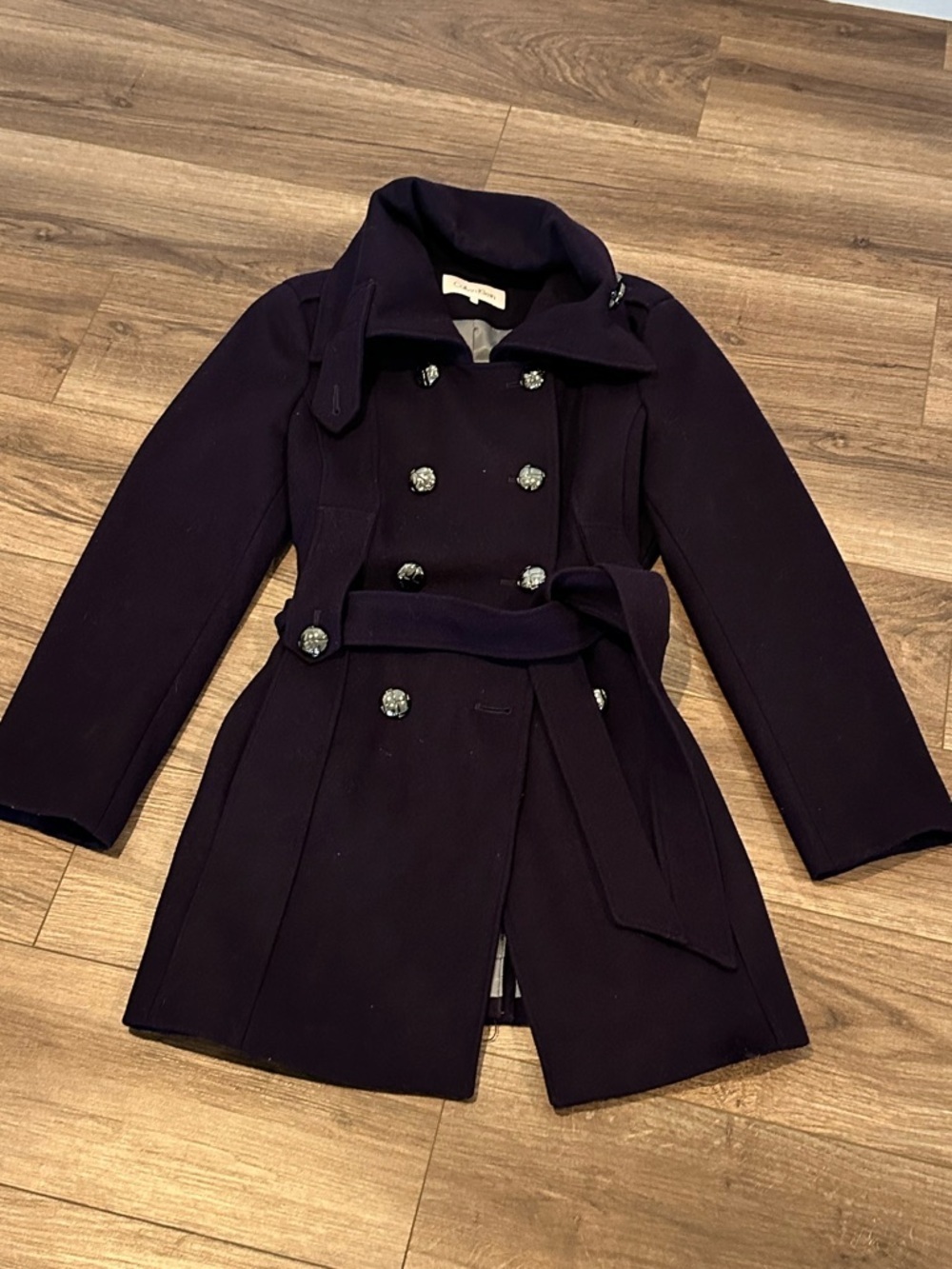 Calvin Klein Double-Breasted Pea Coat with Tie in Deep Plum Size 10 - Picture 1 of 7